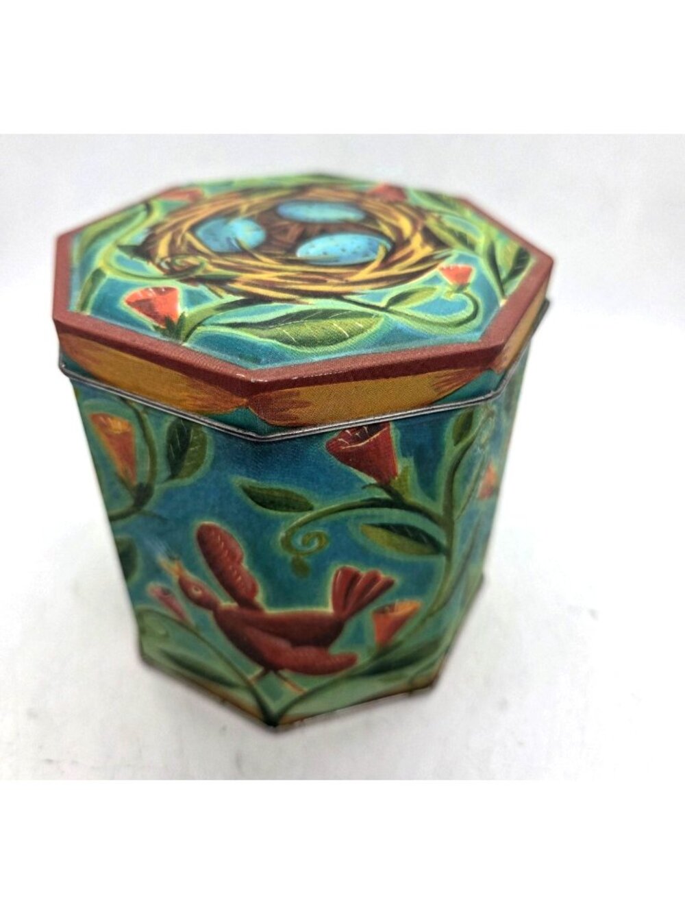 VTG Hand-Painted Octagonal Metal Tin Birds & Nest Cottage core prarie
